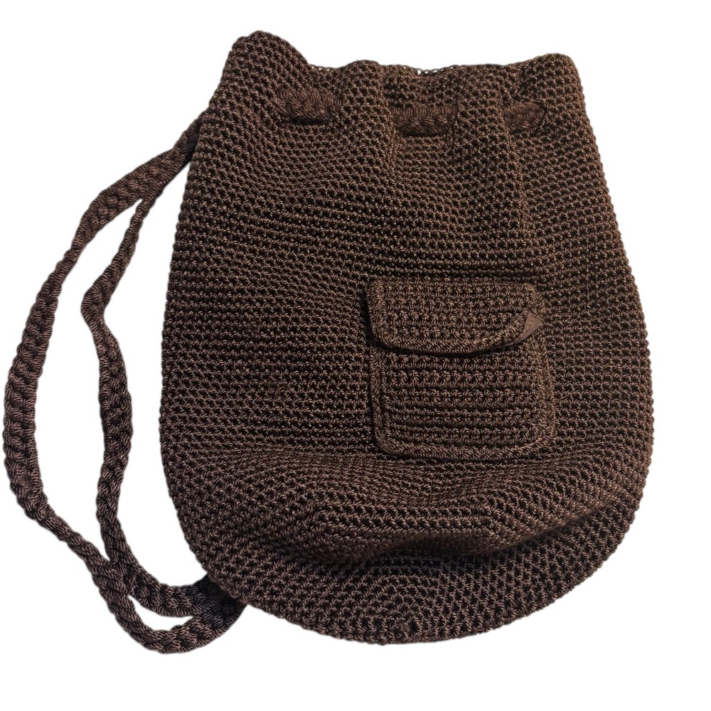 The Sak OMG Mini Backpack Chocolate Brown Crochet Knit Drawstring Pockets Boho - Picture 2 of 16